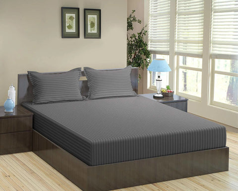 YUKU 210 TC Glace Cotton Single Bedsheet Set With Pillow Cover - 60 X 90 Inch Satin Stripes Sheet (Pack Of 2, Gray)